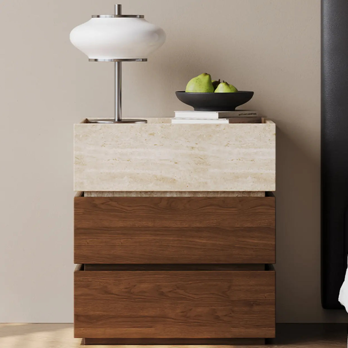 Scandinavian Wood Brown and Beige Nightstand with Drawers Image - 4