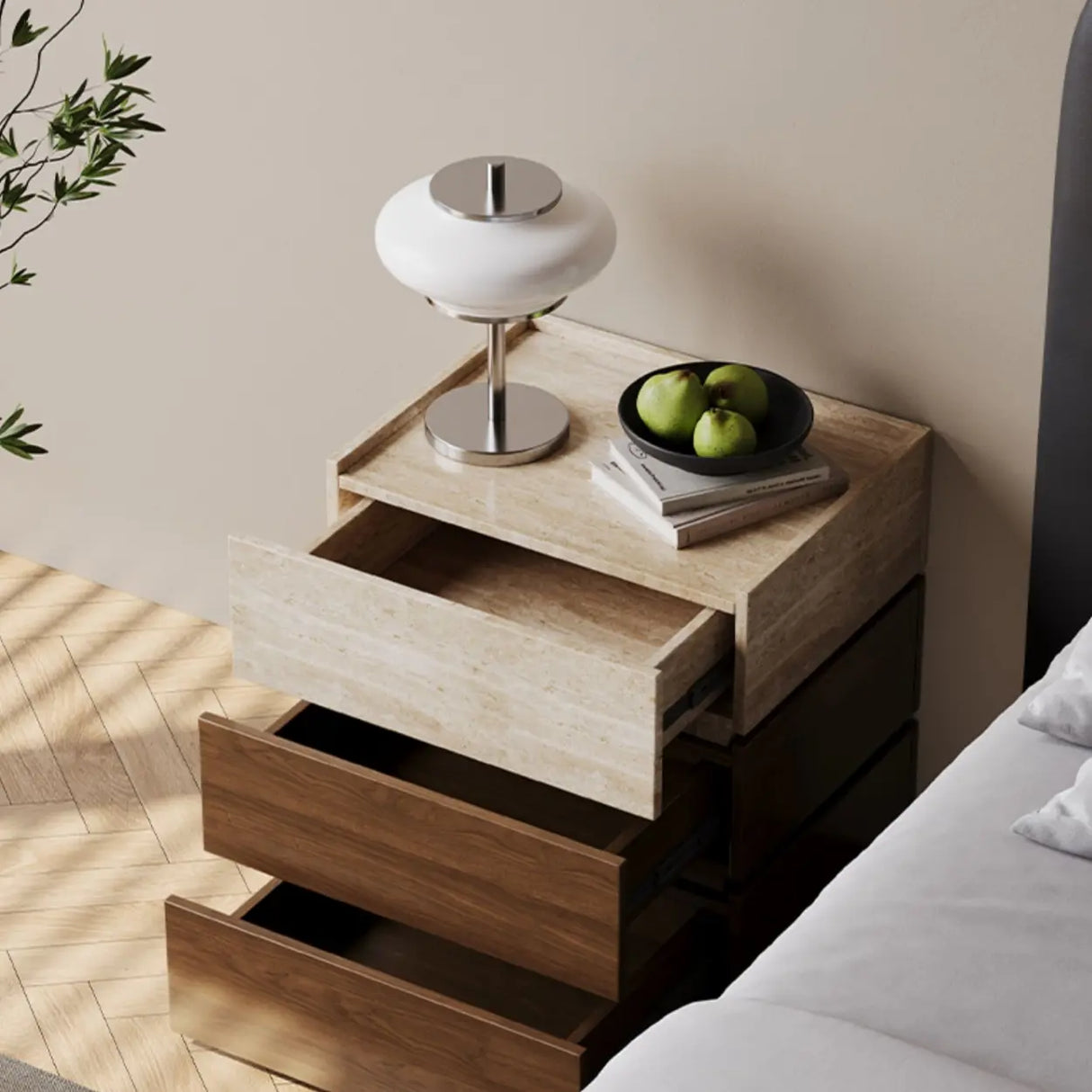 Scandinavian Wood Brown and Beige Nightstand with Drawers Image - 6