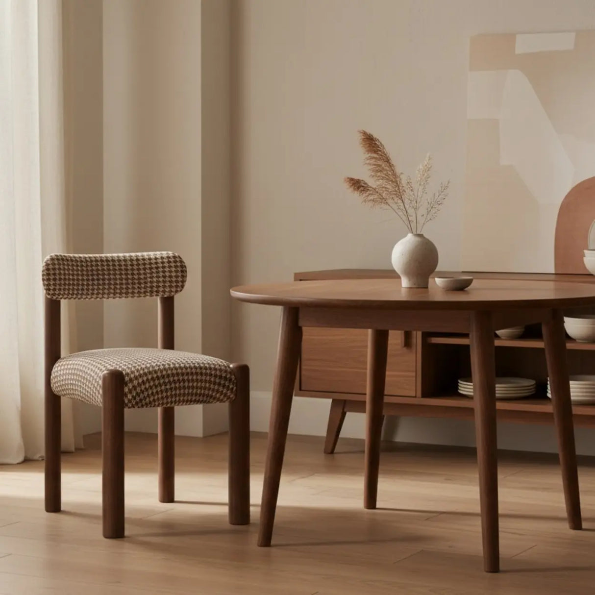 Scandinavian Wooden Houndstooth Upholstery Dining Chair Image - 1