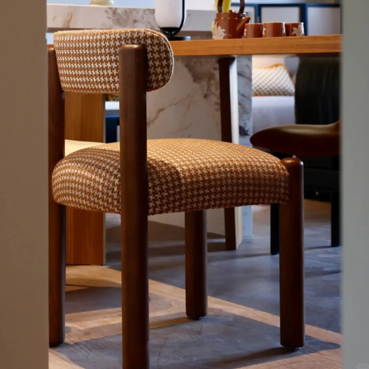 Scandinavian Wooden Houndstooth Upholstery Dining Chair Image - 4