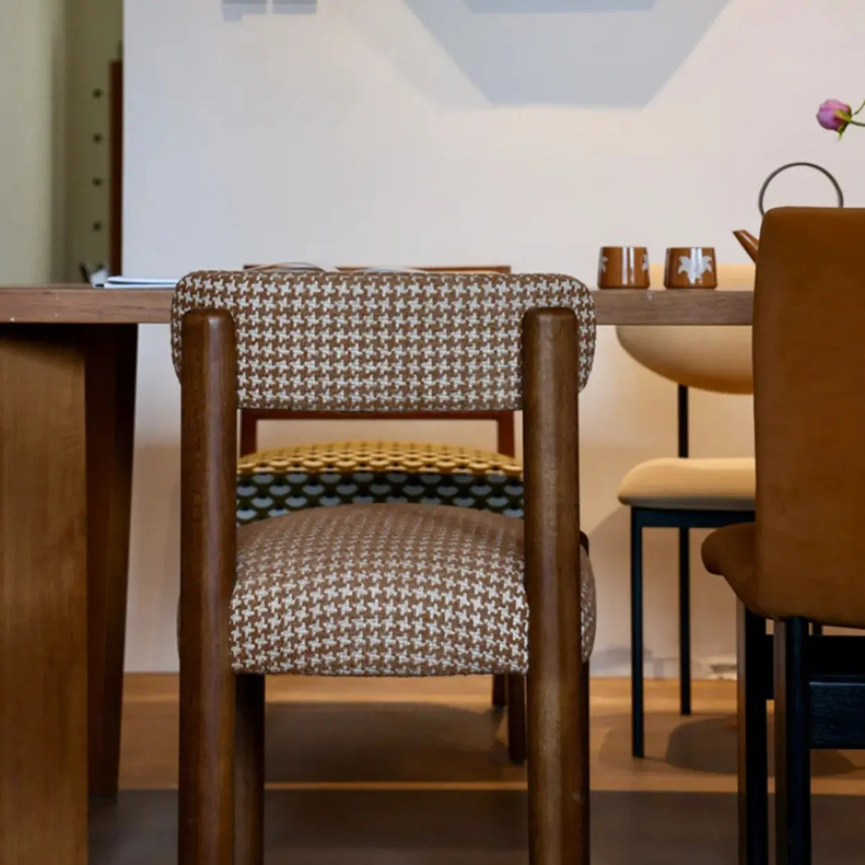 Scandinavian Wooden Houndstooth Upholstery Dining Chair Image - 6