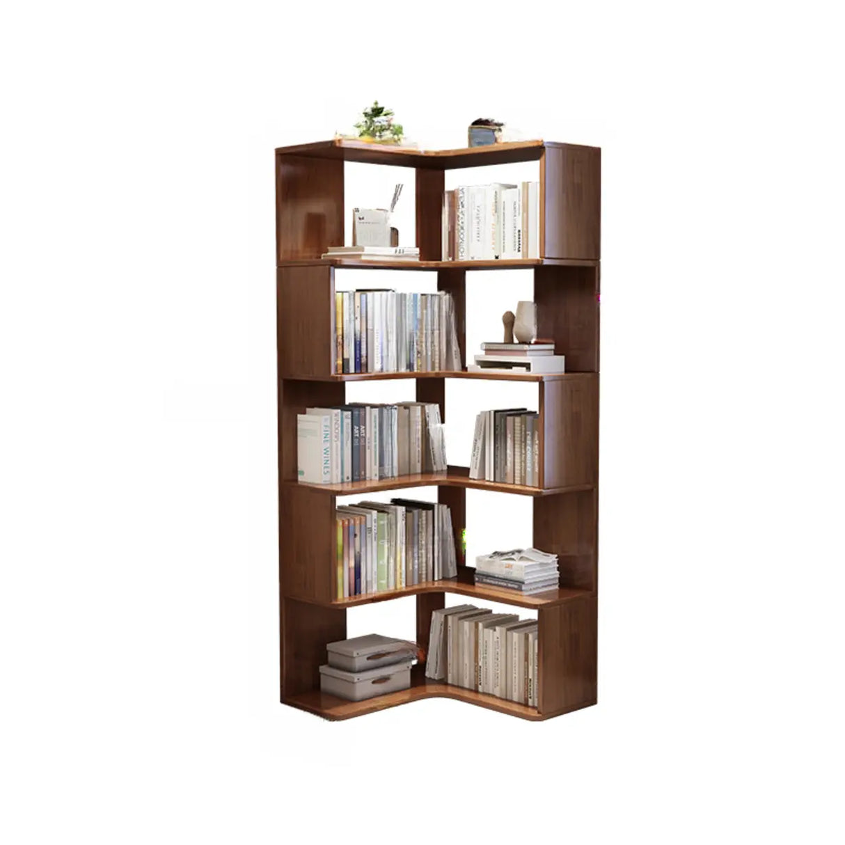 Scandinavian Wooden Vertical Corner L-Shaped Bookshelf Image - 2
