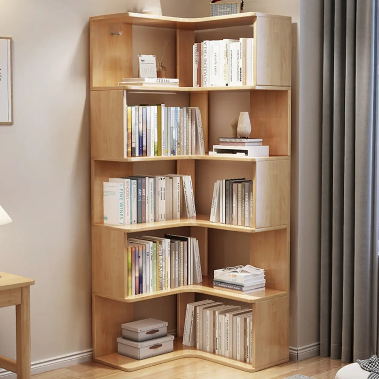 Scandinavian Wooden Vertical Corner L-Shaped Bookshelf Image - 4