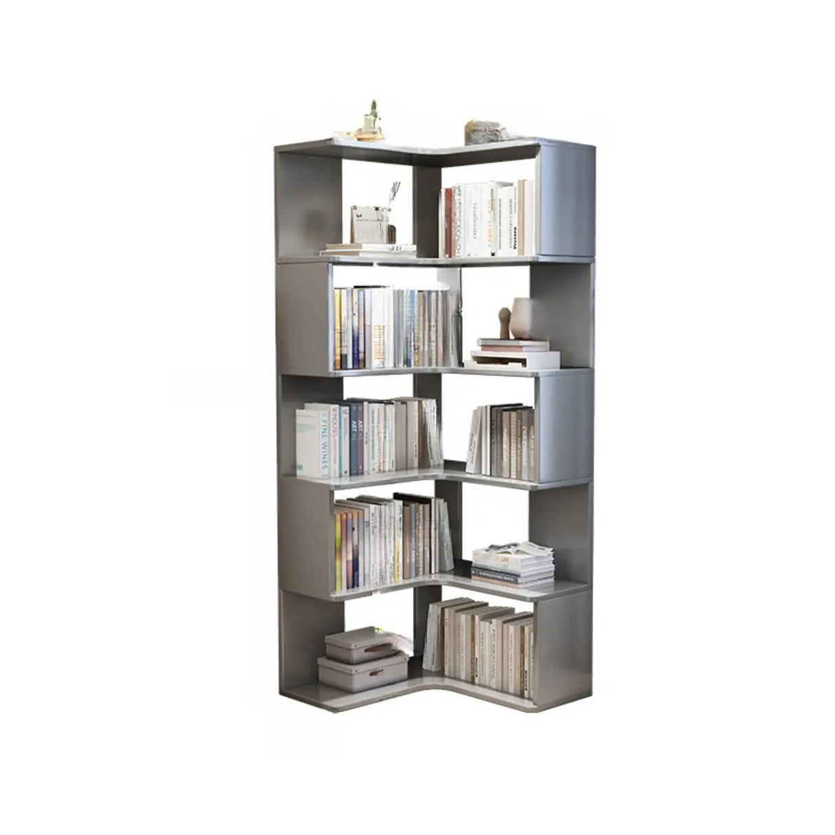 Scandinavian Wooden Vertical Corner L-Shaped Bookshelf Image - 7
