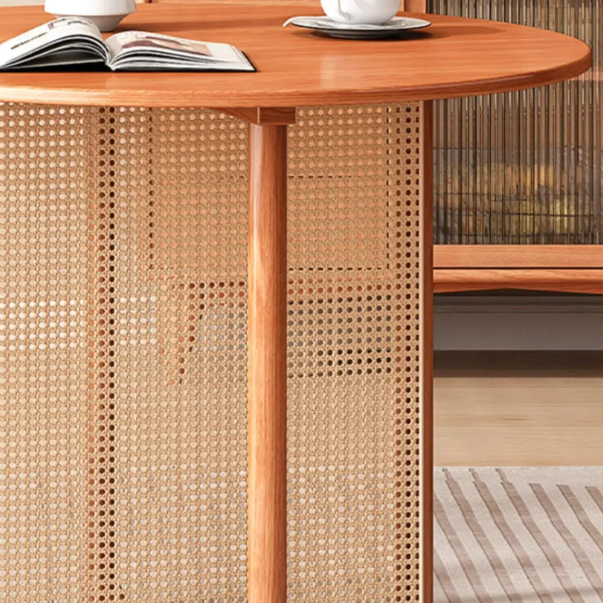 Scandinavian Woven Rattan Compact Round Wood Dining Table Image - 10