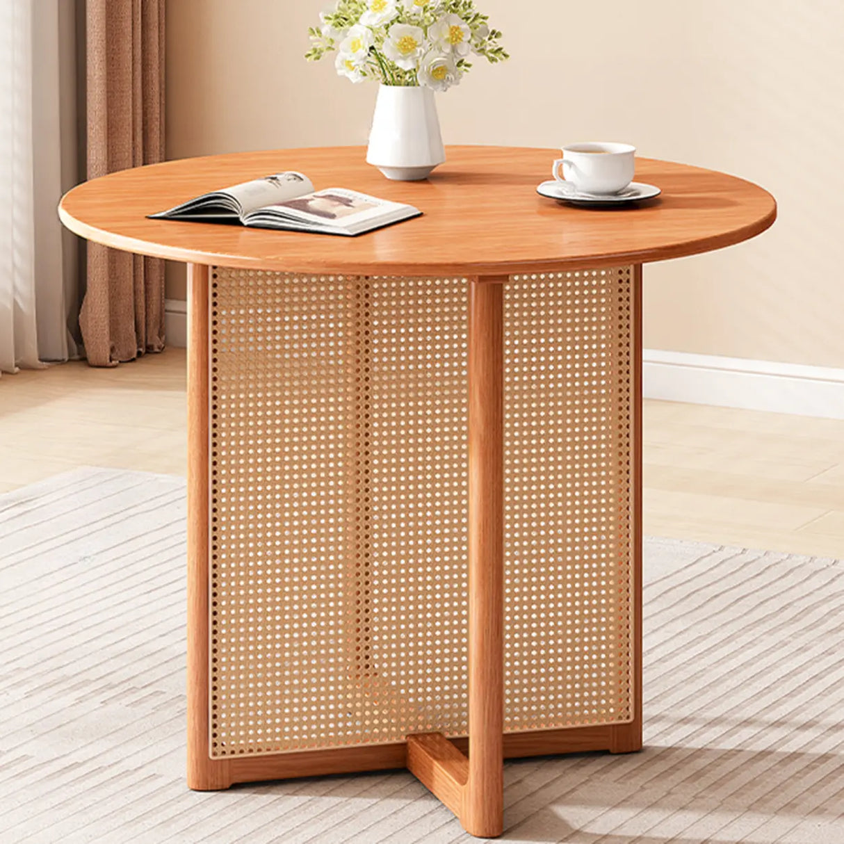 Scandinavian Woven Rattan Compact Round Wood Dining Table Image - 2
