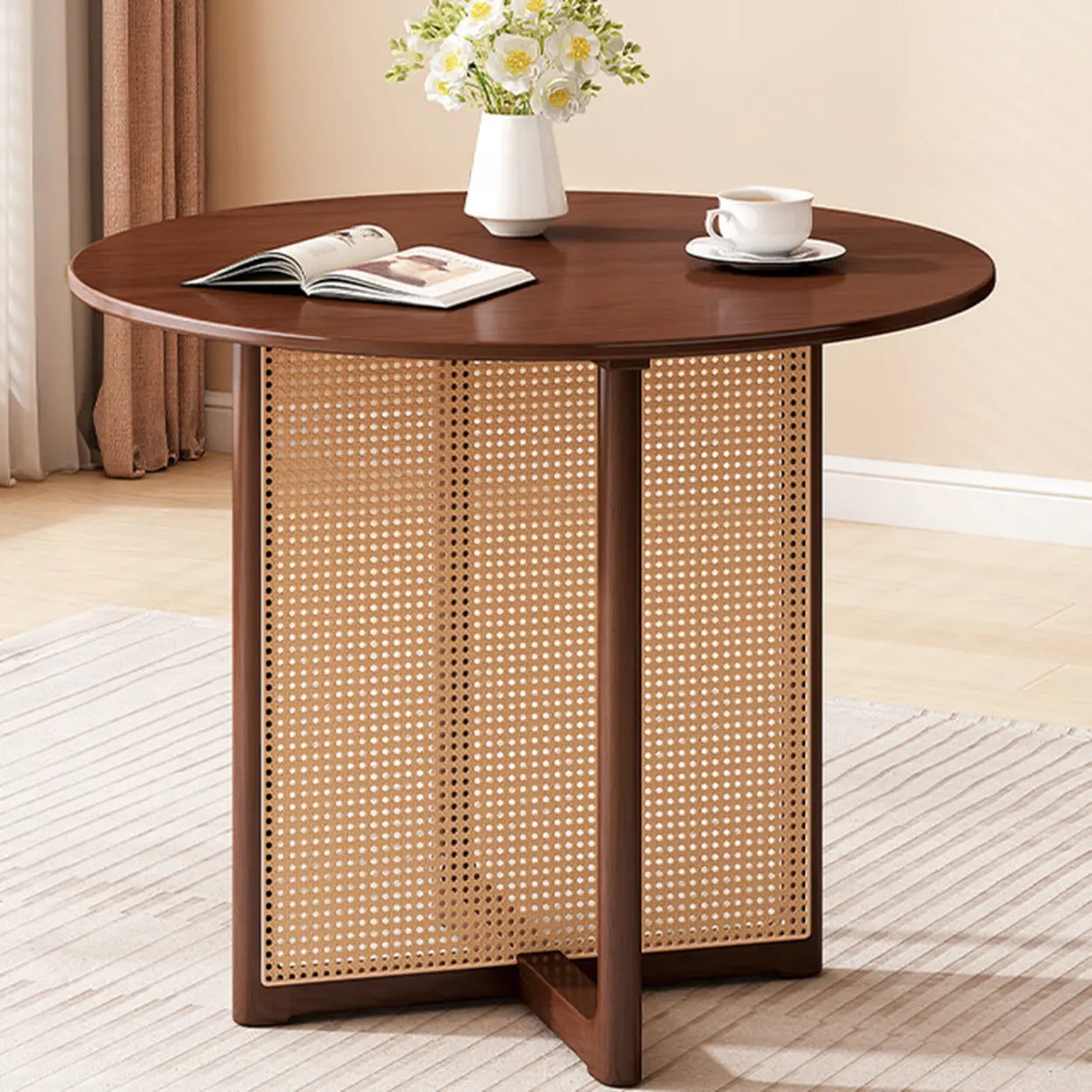 Scandinavian Woven Rattan Compact Round Wood Dining Table Image - 3