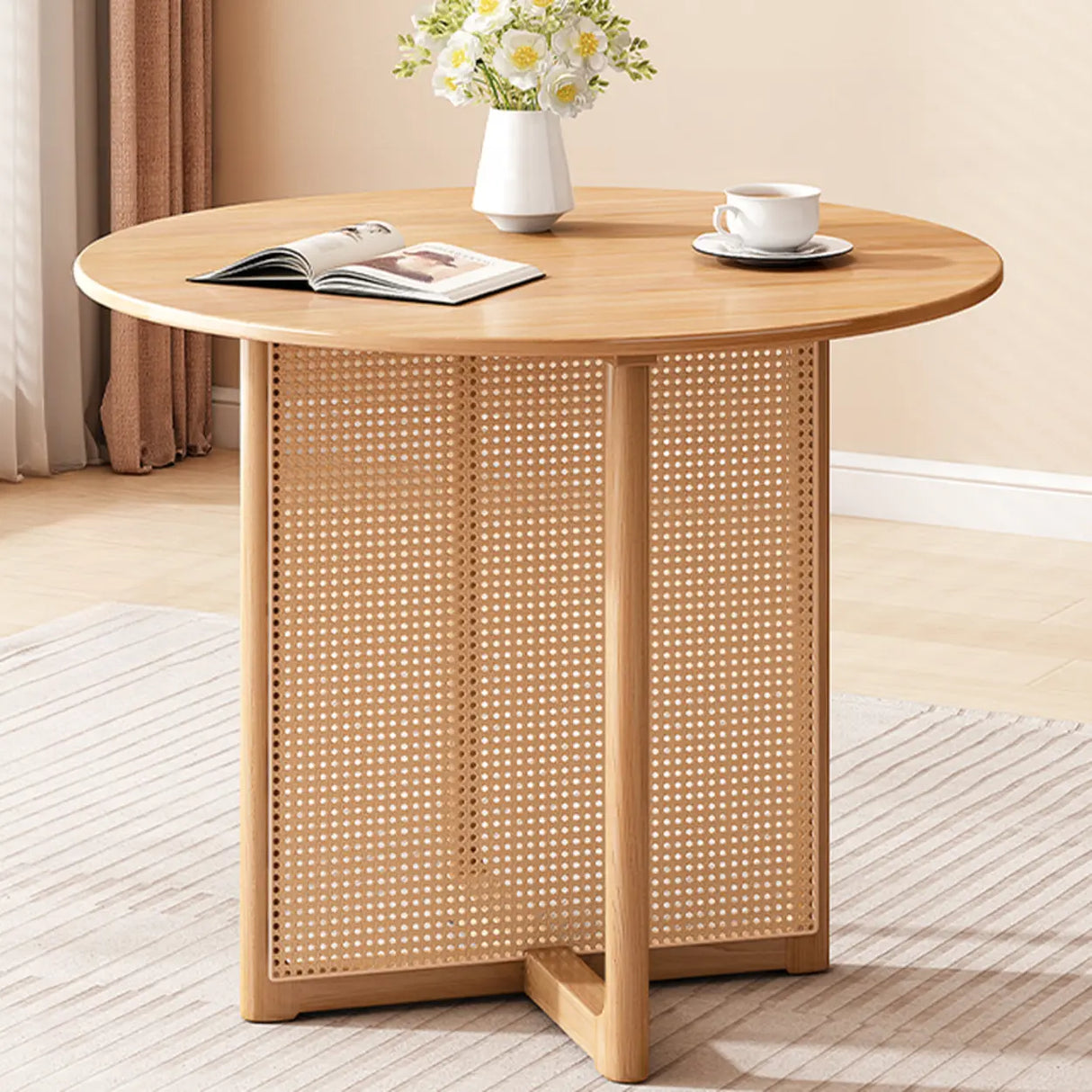 Scandinavian Woven Rattan Compact Round Wood Dining Table Image - 5