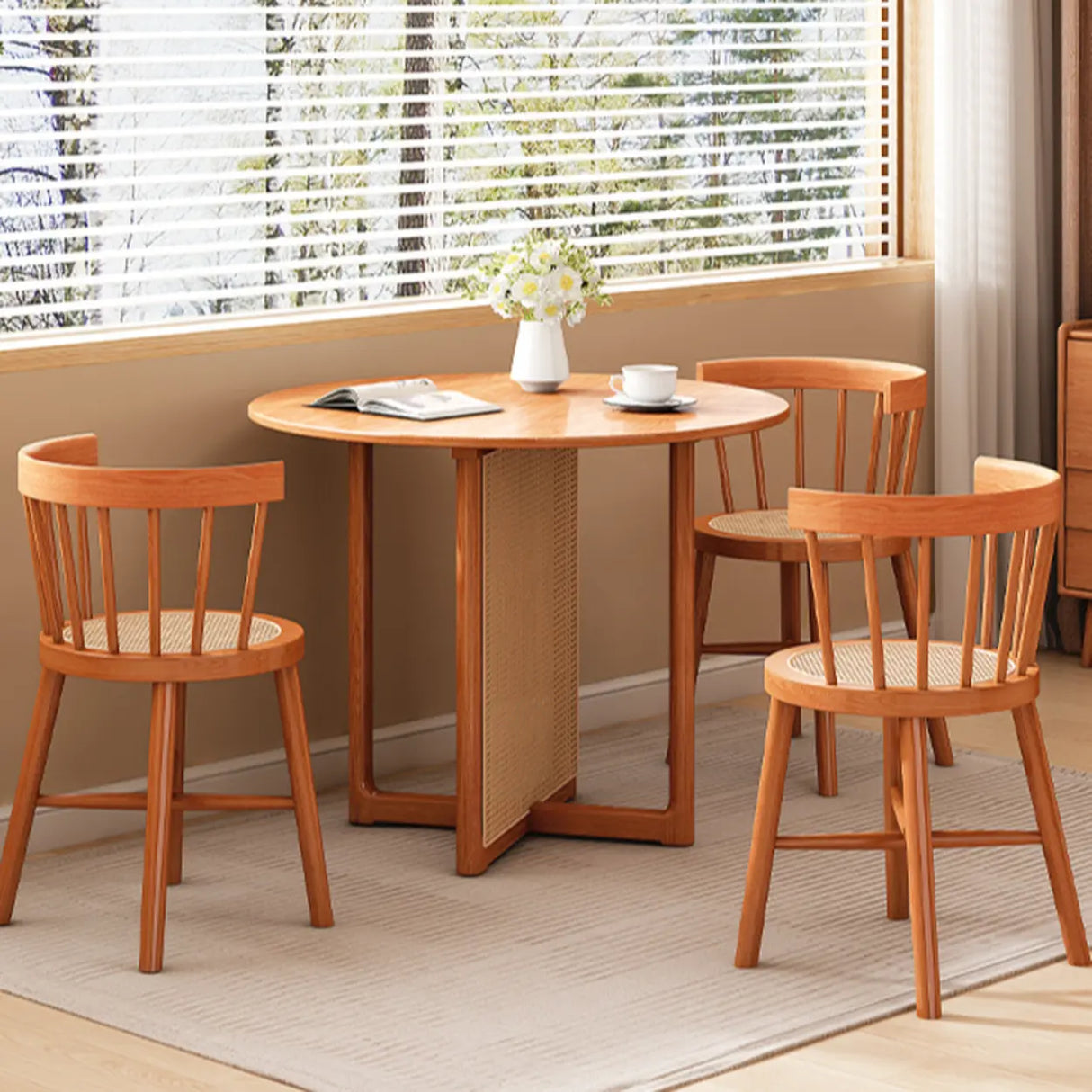 Scandinavian Woven Rattan Compact Round Wood Dining Table Image - 6