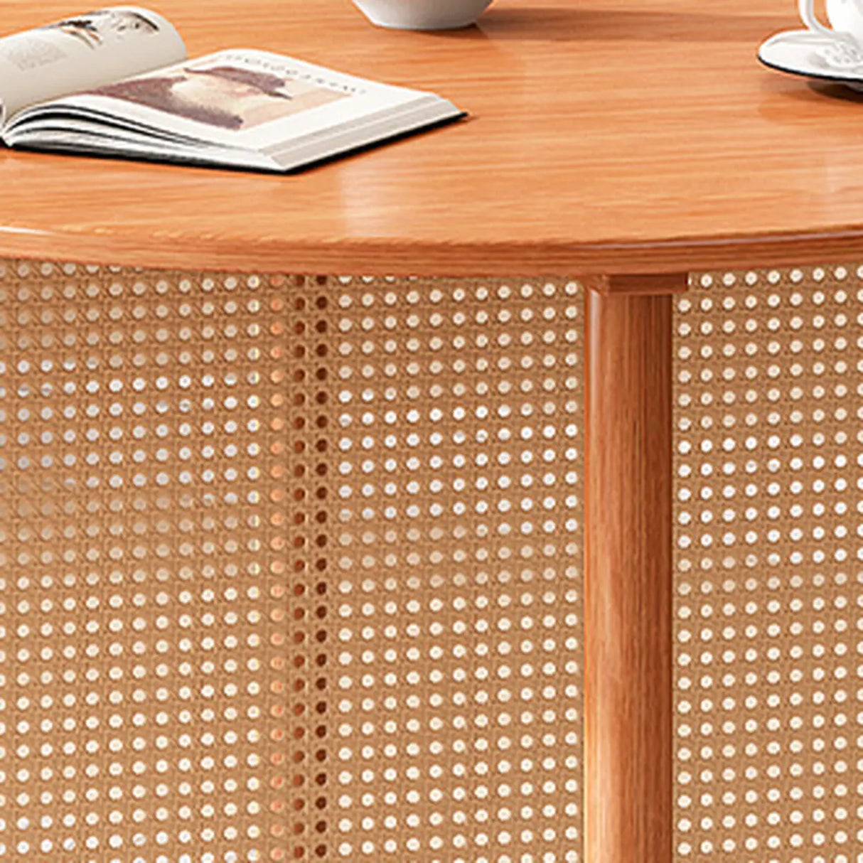 Scandinavian Woven Rattan Compact Round Wood Dining Table Image - 8