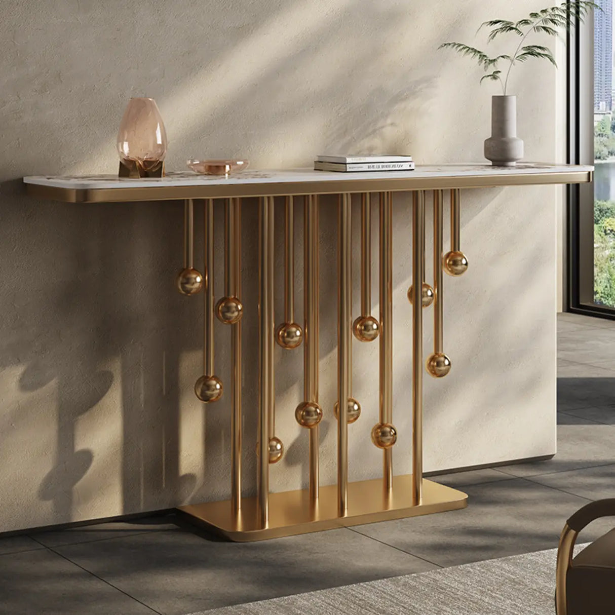 Scratch Resistant Artistic Globe Base Stone Console Table Image - 5