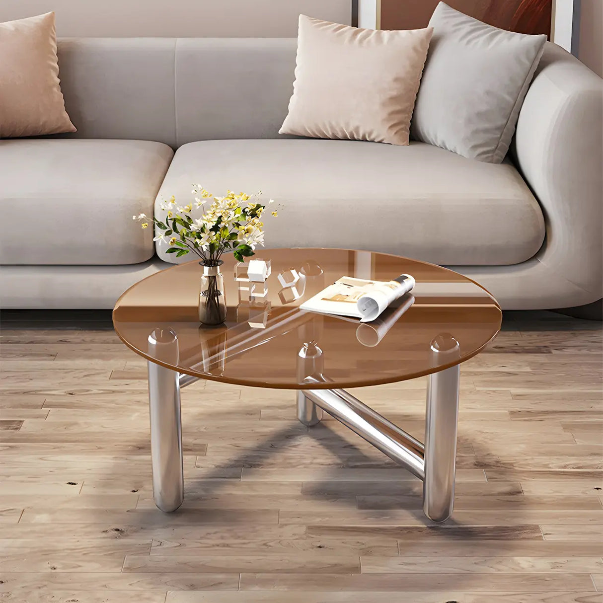 Scratch Resistant Glass Round Three Leg Coffee Table Image - 3