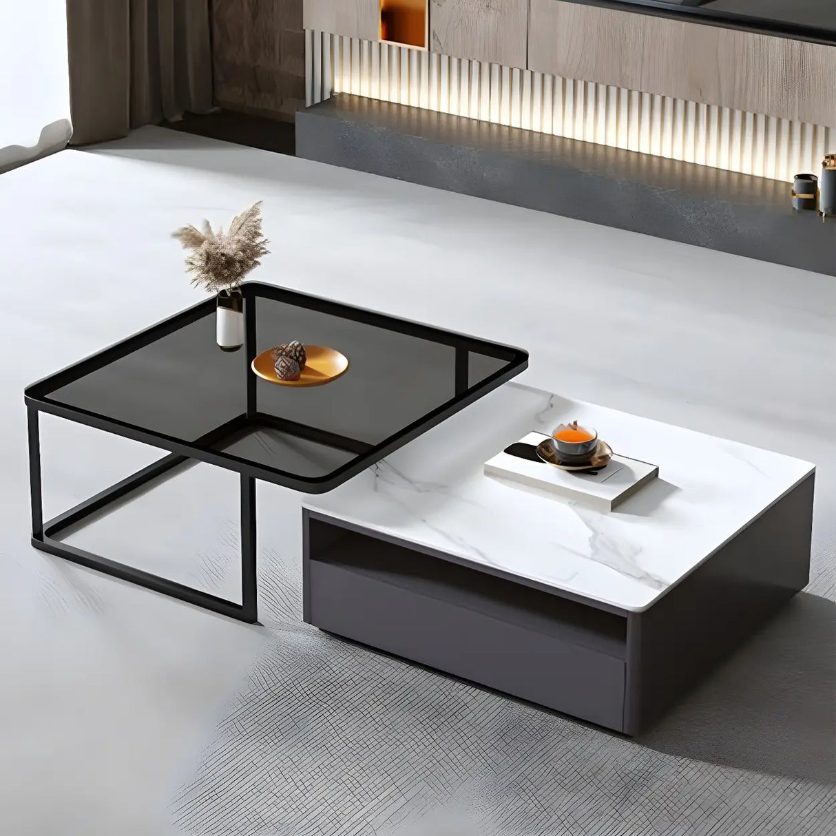 Scratch Resistant Glass Stone Square Coffee Table Image - 1