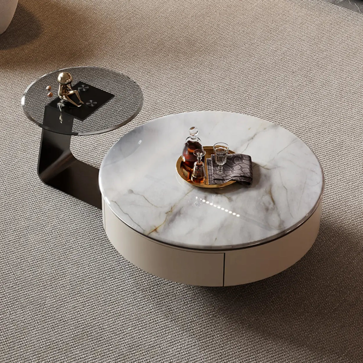 Scratch Resistant Round Marble Storage Coffee Table Image - 3