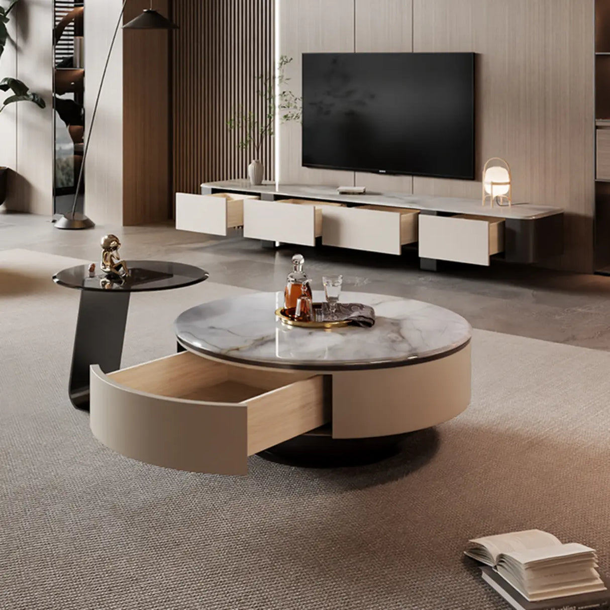 Scratch Resistant Round Marble Storage Coffee Table Image - 4