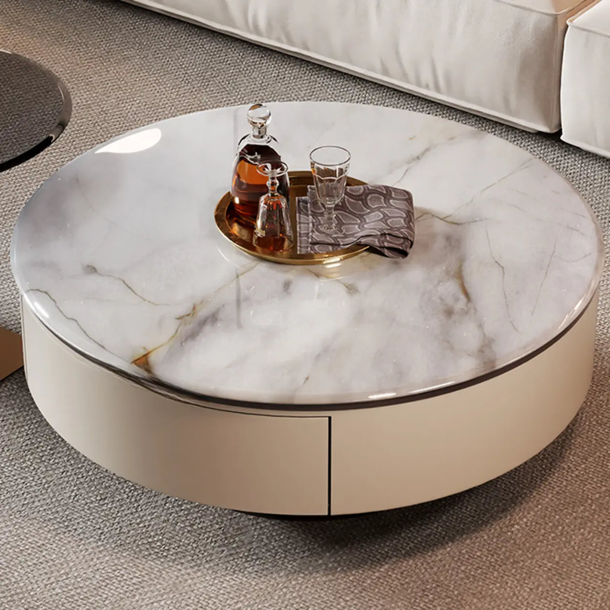 Scratch Resistant Round Marble Storage Coffee Table Image - 7