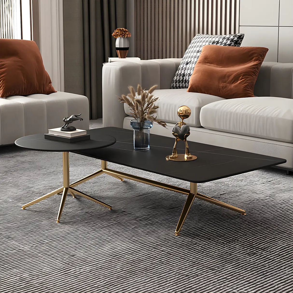 Scratch Resistant Stone Top Trestle Base Coffee Table Image - 1