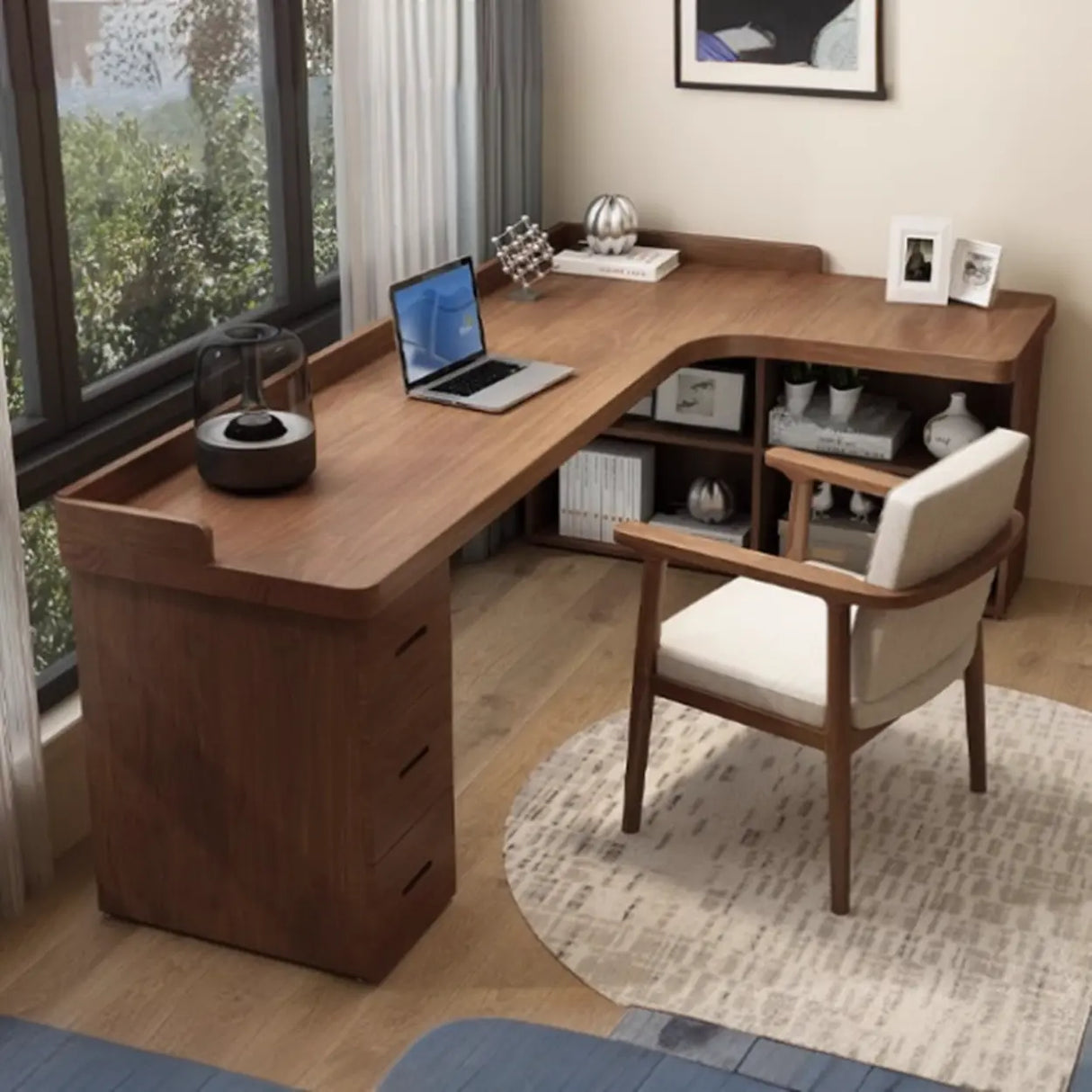 Sepia L-Shape Computer Desk with Drawers and Shelves Image - 1