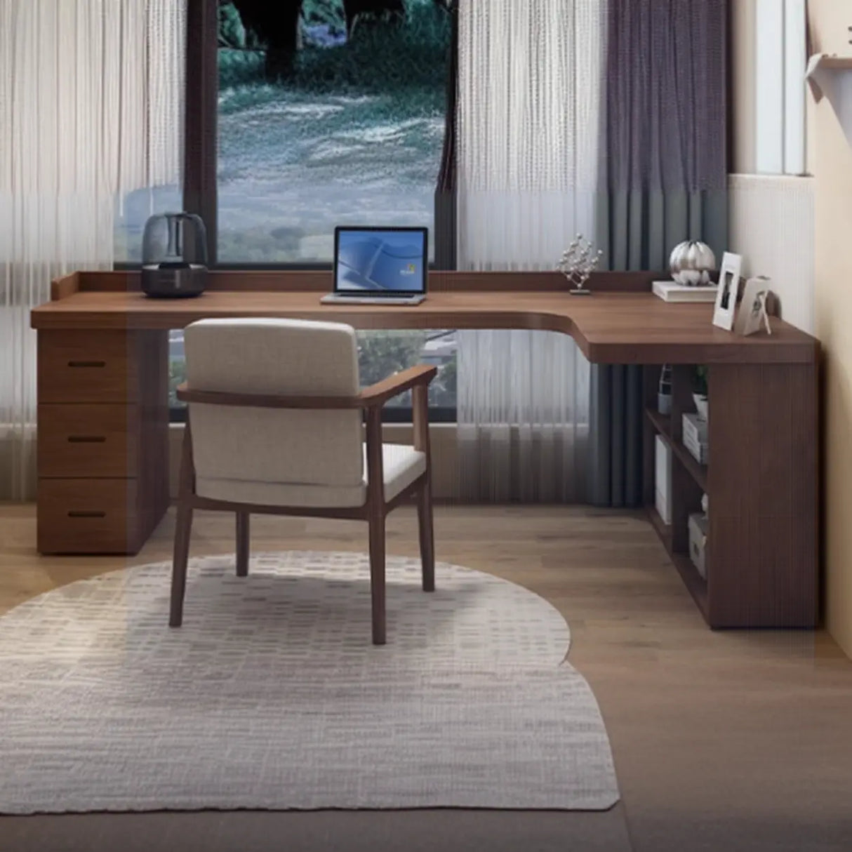Sepia L-Shape Computer Desk with Drawers and Shelves Image - 3