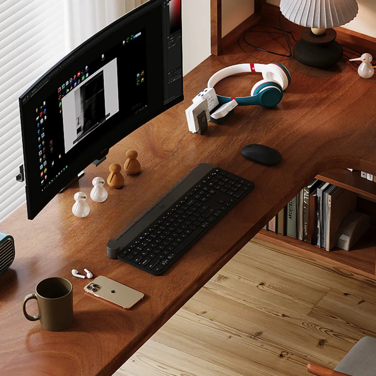 Sepia L-Shape Computer Desk with Drawers and Shelves Image - 4