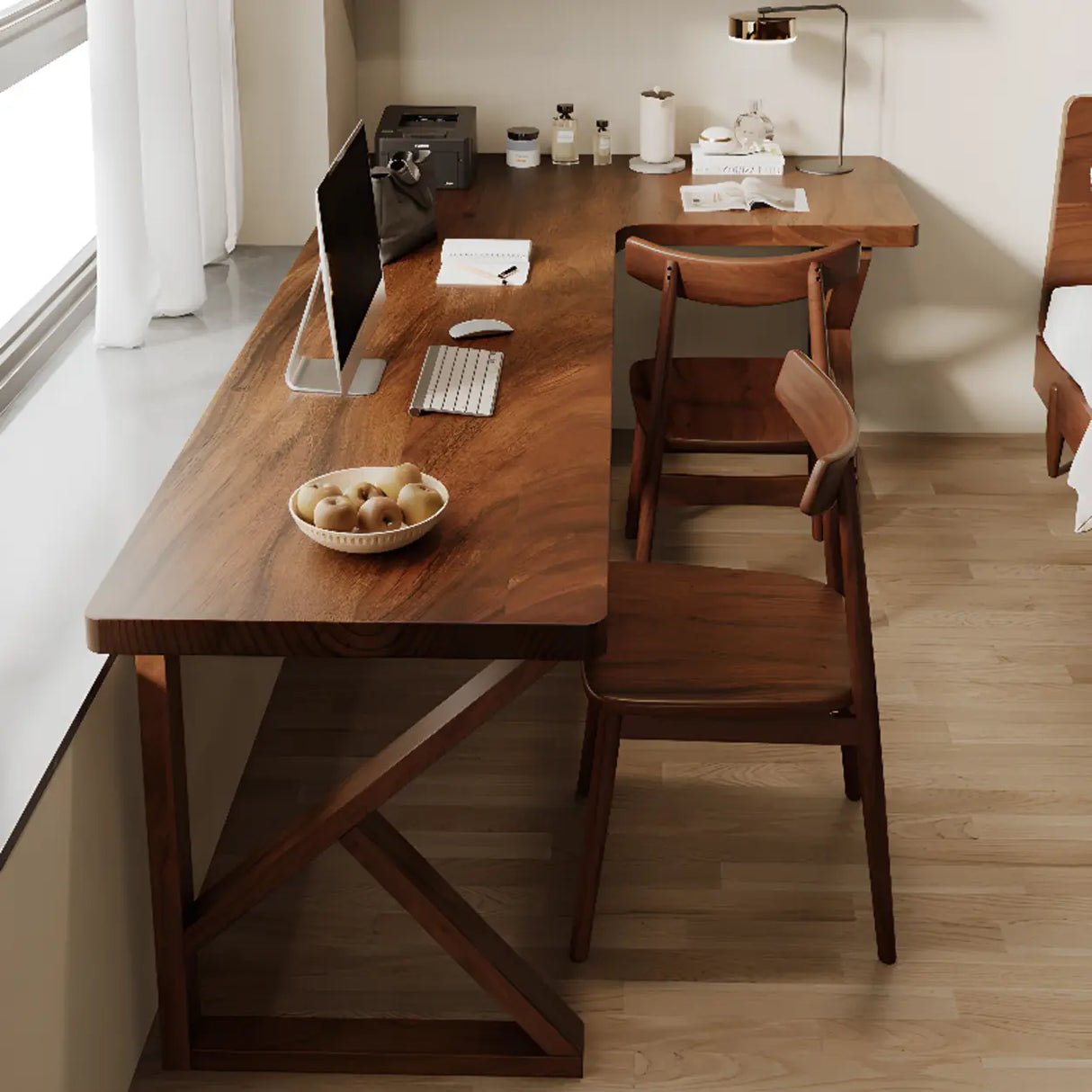 Sepia L-Shape Double Deep Wooden Computer Desk Image - 3