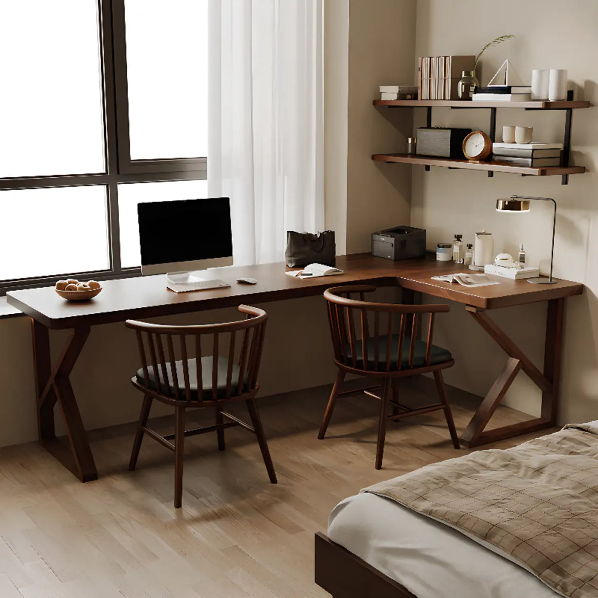 Sepia L-Shape Double Deep Wooden Computer Desk Image - 4