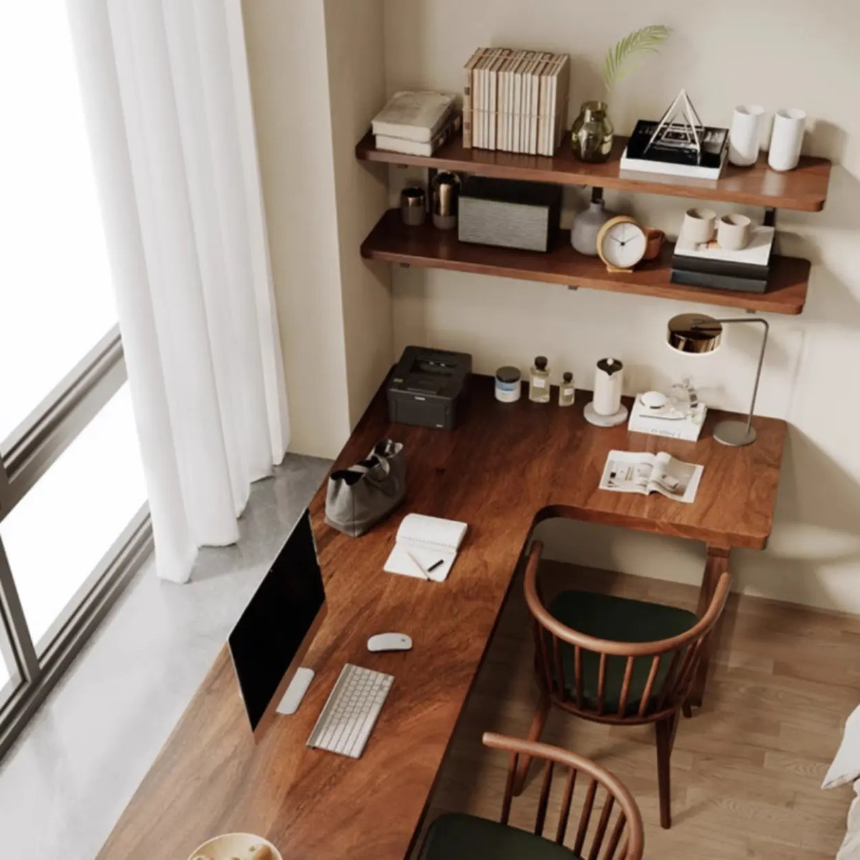 Sepia L-Shape Double Deep Wooden Computer Desk Image - 6