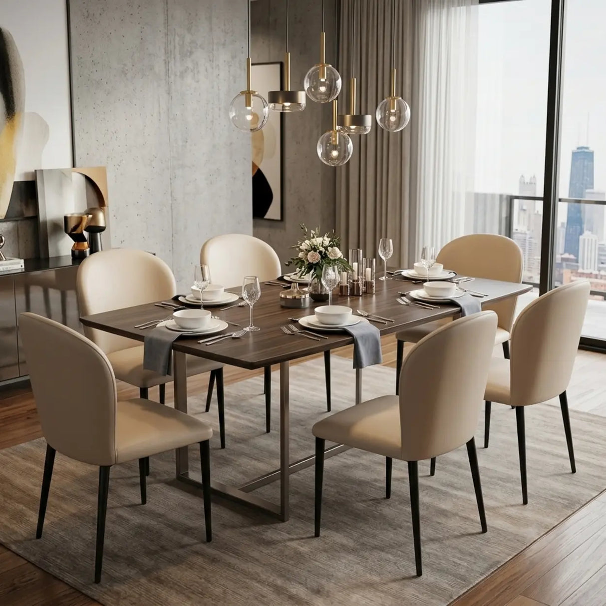 Set of 2 Curved Back PU Upholstered Dining Chairs with Black Steel Legs Image - 1