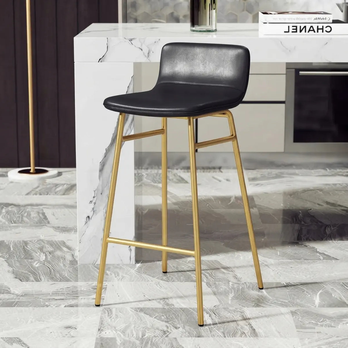 Black Gold Counter Stool (25.5"H) 2 Piece Set Set of 2 Faux Leather Counter & Bar Stools with Backrest and Metal Frame Image - 3