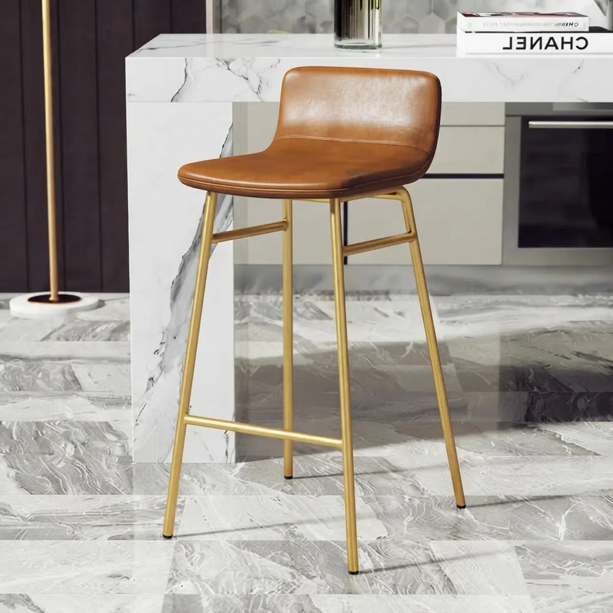Yellow Gold Counter Stool (25.5"H) 2 Piece Set Set of 2 Faux Leather Counter & Bar Stools with Backrest and Metal Frame Image - 6