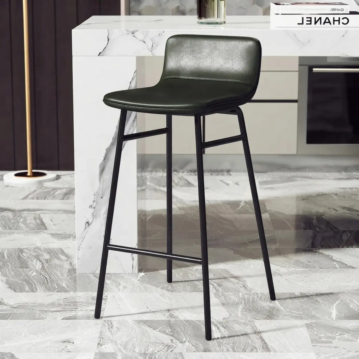 Green Black Counter Stool (25.5"H) 2 Piece Set Set of 2 Faux Leather Counter & Bar Stools with Backrest and Metal Frame Image - 9