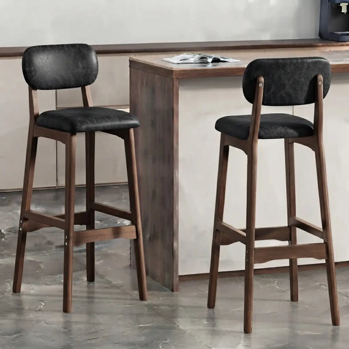 2 Piece Set Black-Walnut Leather Counter Stool(25"H) Walnut Set of 2 Upholstered Rubberwood Counter & Bar Stools with Backrest and Footrest Image - 1