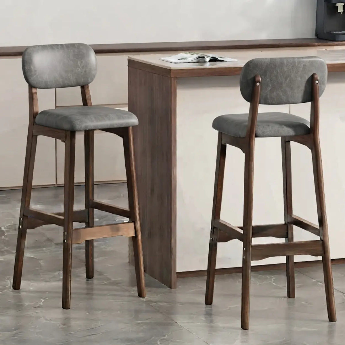 2 Piece Set Grey-Walnut Leather Counter Stool(25"H) Walnut Set of 2 Upholstered Rubberwood Counter & Bar Stools with Backrest and Footrest Image - 11