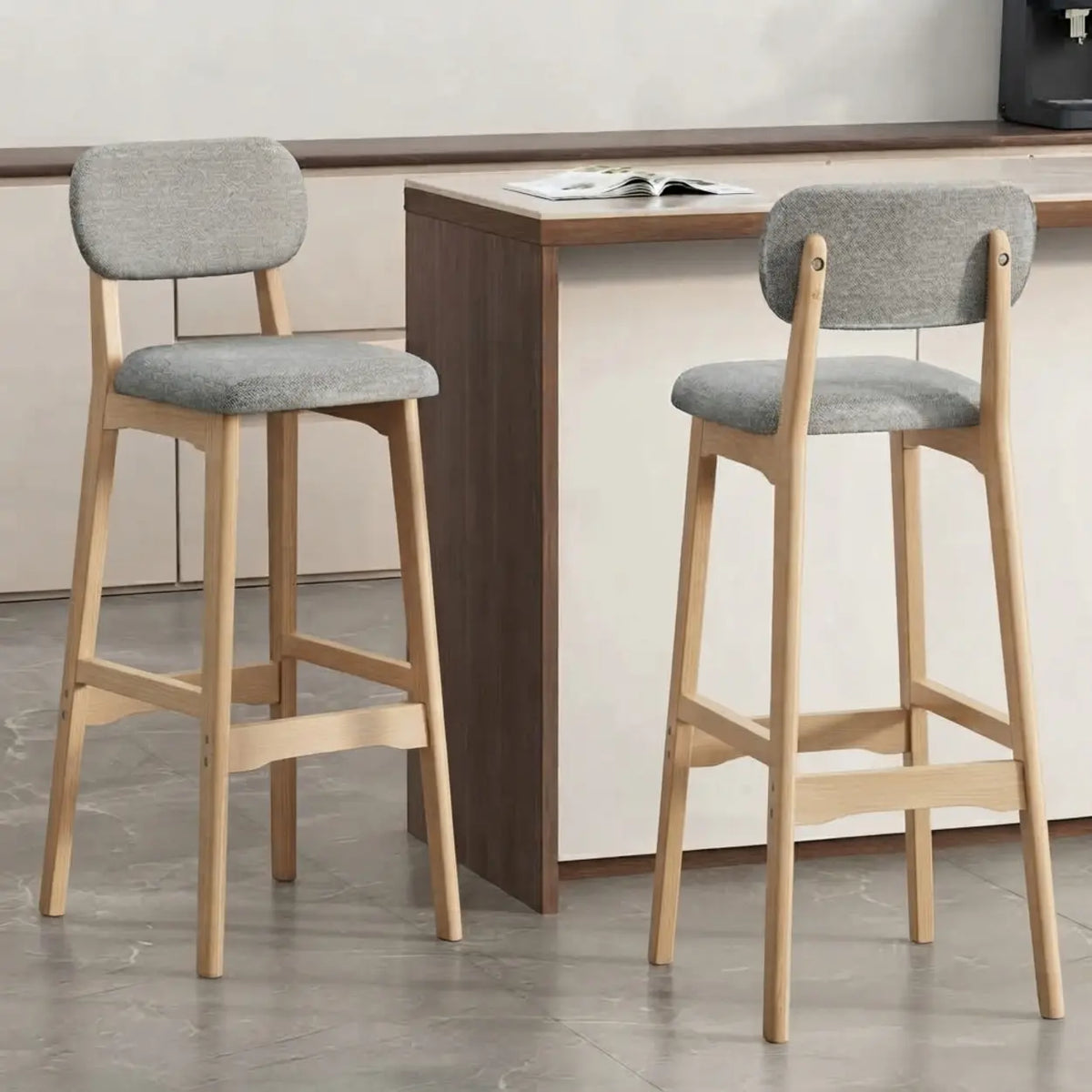 2 Piece Set Grey-Nature Cotton-linen Counter Stool(25"H) Walnut Set of 2 Upholstered Rubberwood Counter & Bar Stools with Backrest and Footrest Image - 13