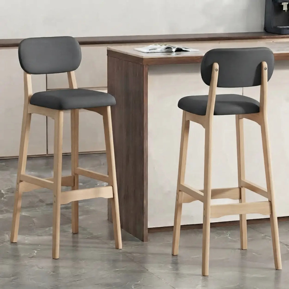 2 Piece Set Dark Grey-Nature Leathaire Counter Stool(25"H) Walnut Set of 2 Upholstered Rubberwood Counter & Bar Stools with Backrest and Footrest Image - 16