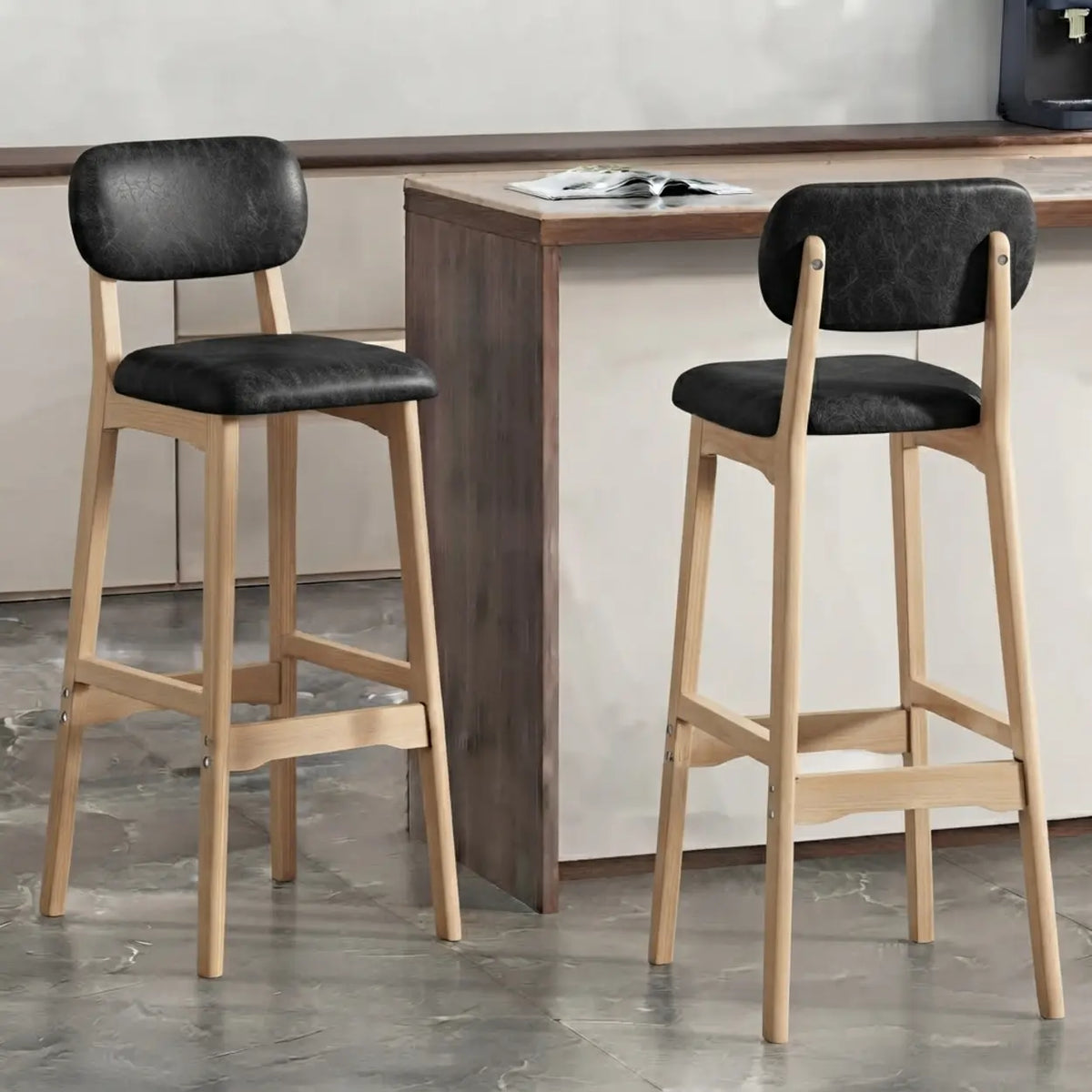 2 Piece Set Black-Nature Leather Counter Stool(25"H) Walnut Set of 2 Upholstered Rubberwood Counter & Bar Stools with Backrest and Footrest Image - 18