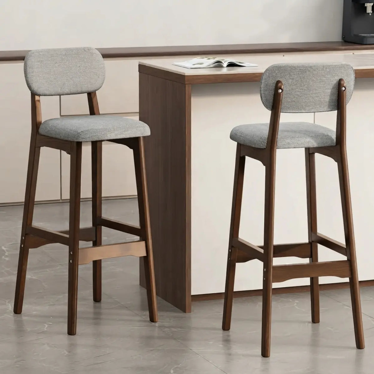 2 Piece Set Grey-Walnut Cotton-linen Counter Stool(25"H) Walnut Set of 2 Upholstered Rubberwood Counter & Bar Stools with Backrest and Footrest Image - 3