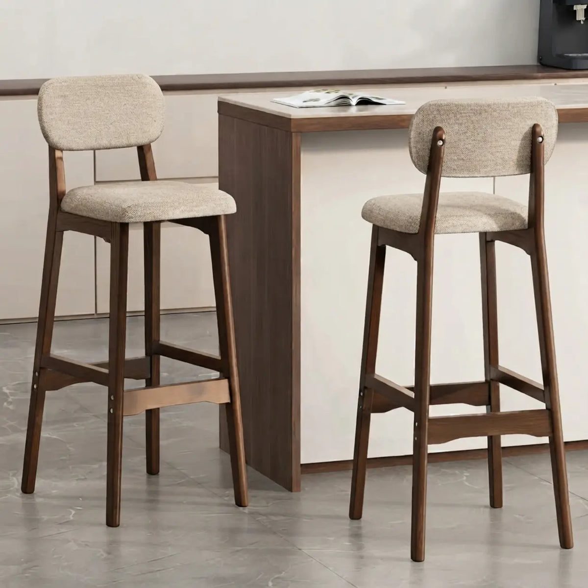 2 Piece Set Khaki-Walnut Cotton-linen Counter Stool(25"H) Walnut Set of 2 Upholstered Rubberwood Counter & Bar Stools with Backrest and Footrest Image - 8