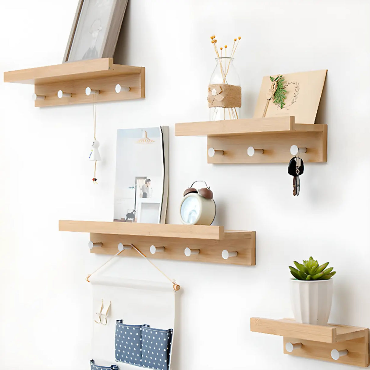 Shelf Bamboo Wood White Floating Mount Storage Coat Rack Image - 1