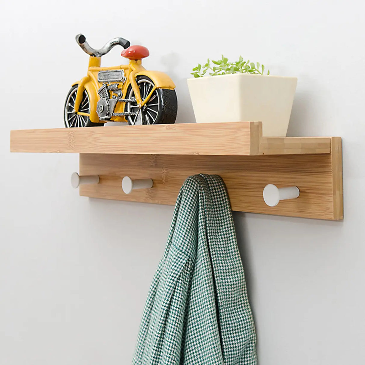 Shelf Bamboo Wood White Floating Mount Storage Coat Rack Image - 3