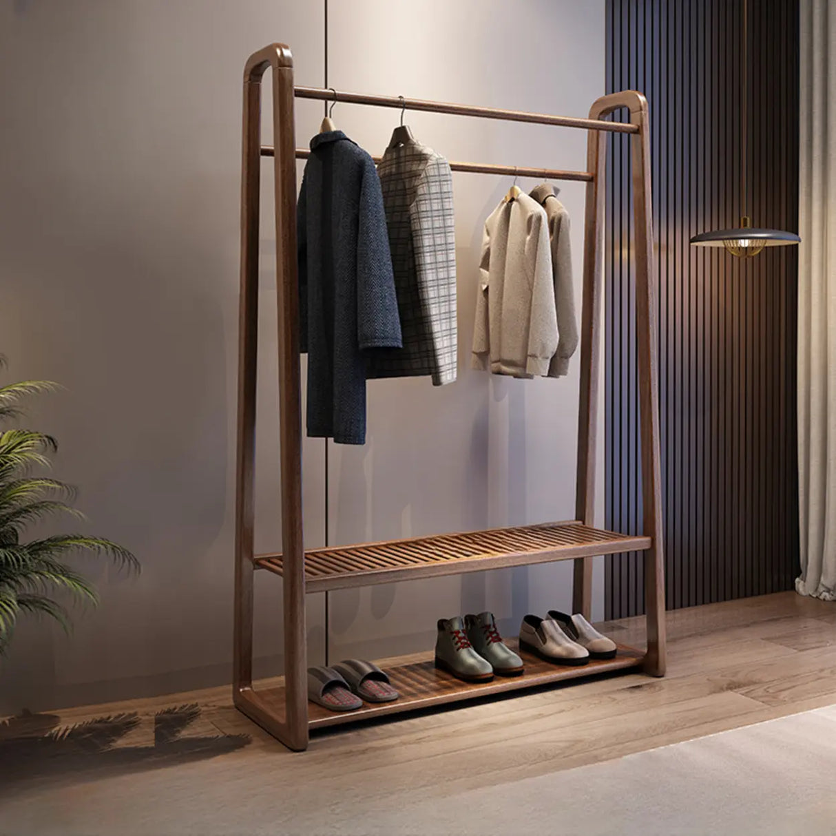 Shelves Freestanding Wood Brown Coat Rack with Mirror Image - 2