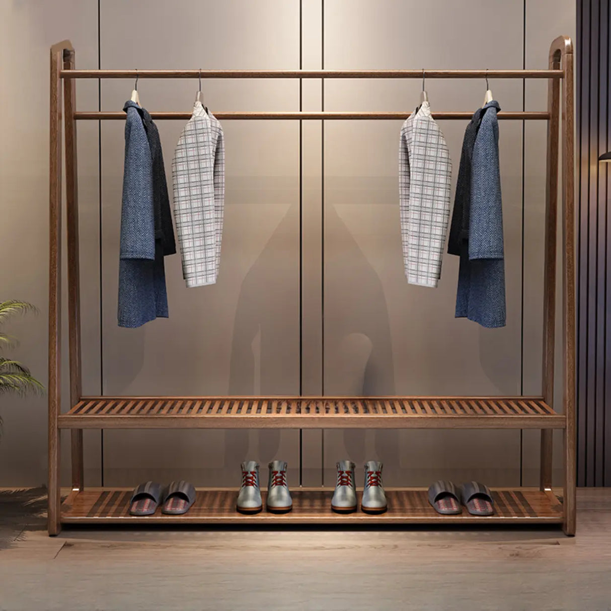 Shelves Freestanding Wood Brown Coat Rack with Mirror Image - 3