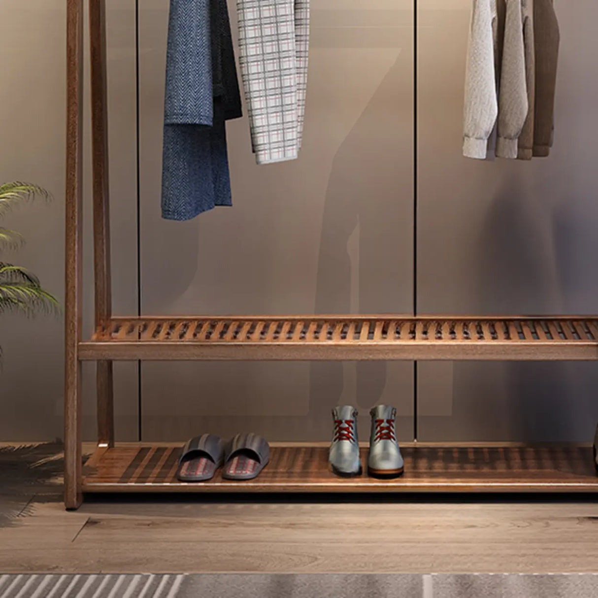 Shelves Freestanding Wood Brown Coat Rack with Mirror Image - 4