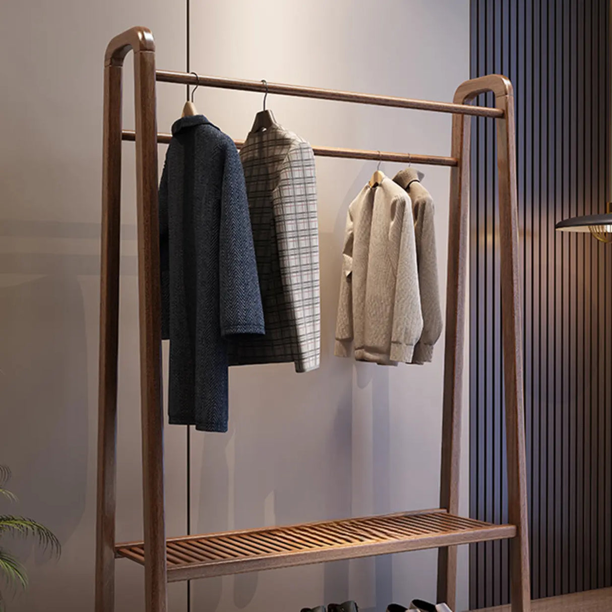 Shelves Freestanding Wood Brown Coat Rack with Mirror Image - 5