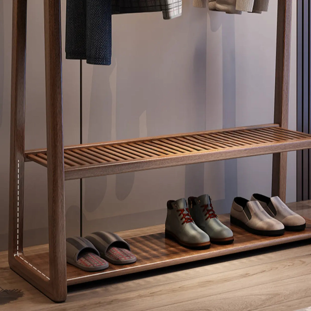 Shelves Freestanding Wood Brown Coat Rack with Mirror Image - 9