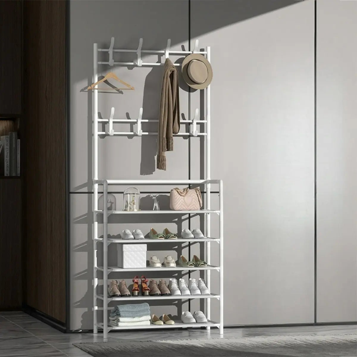 Shoe Storage Metal White Tall Coat Rack with Shelves Image - 1