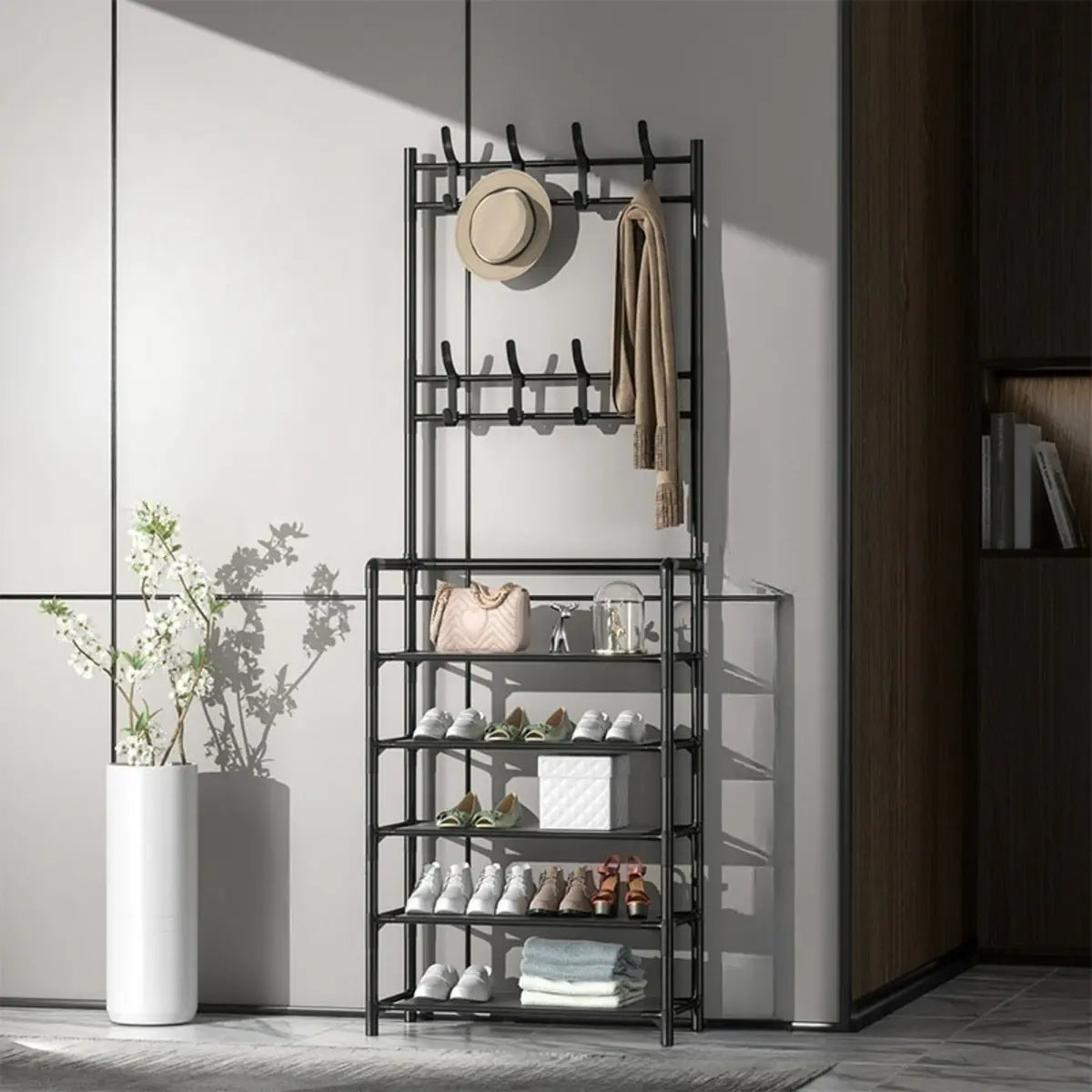 Shoe Storage Metal White Tall Coat Rack with Shelves Image - 10