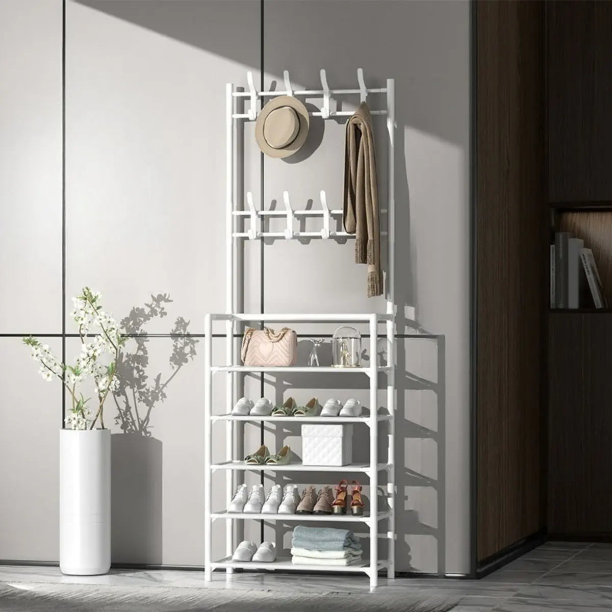 Shoe Storage Metal White Tall Coat Rack with Shelves Image - 11