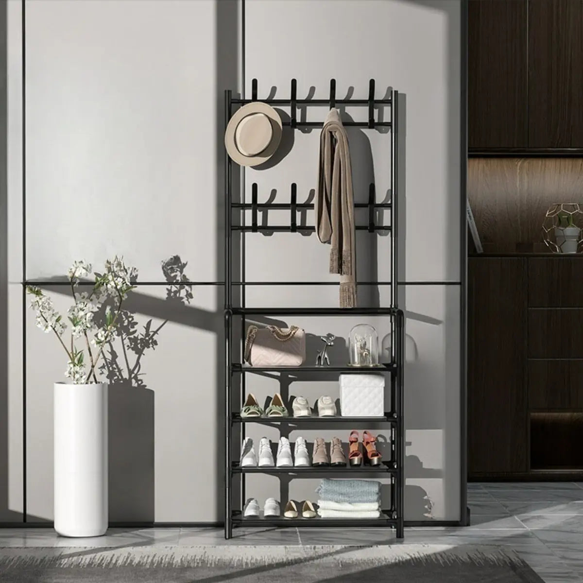 Shoe Storage Metal White Tall Coat Rack with Shelves Image - 12