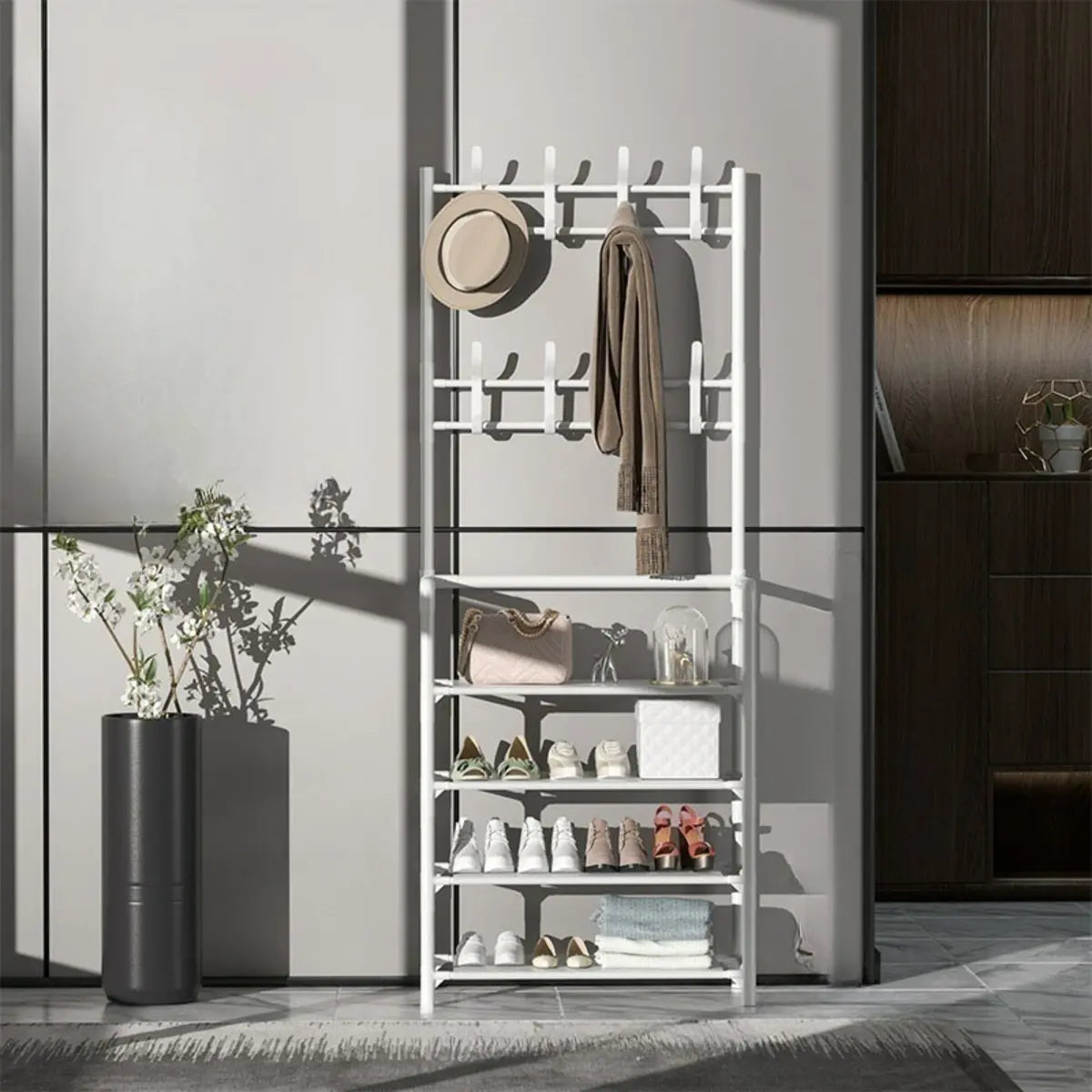 Shoe Storage Metal White Tall Coat Rack with Shelves Image - 13